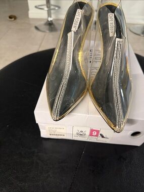 Cape Robbin Transparent Pointed Toe Pumps with Gold Trim